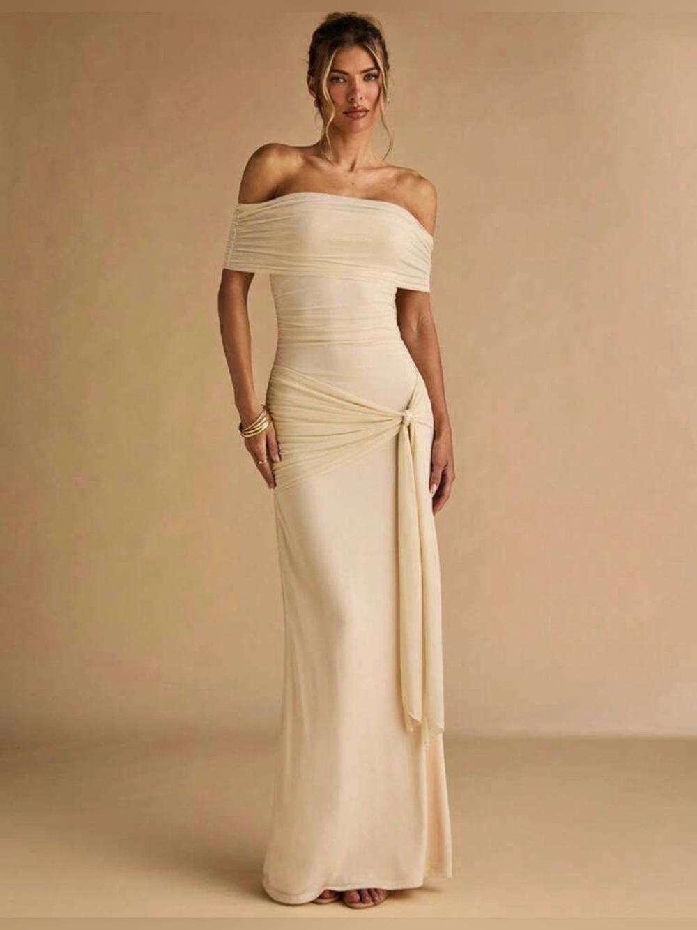 Off-Shoulder Bodycon Waist Tie Maxi Dress